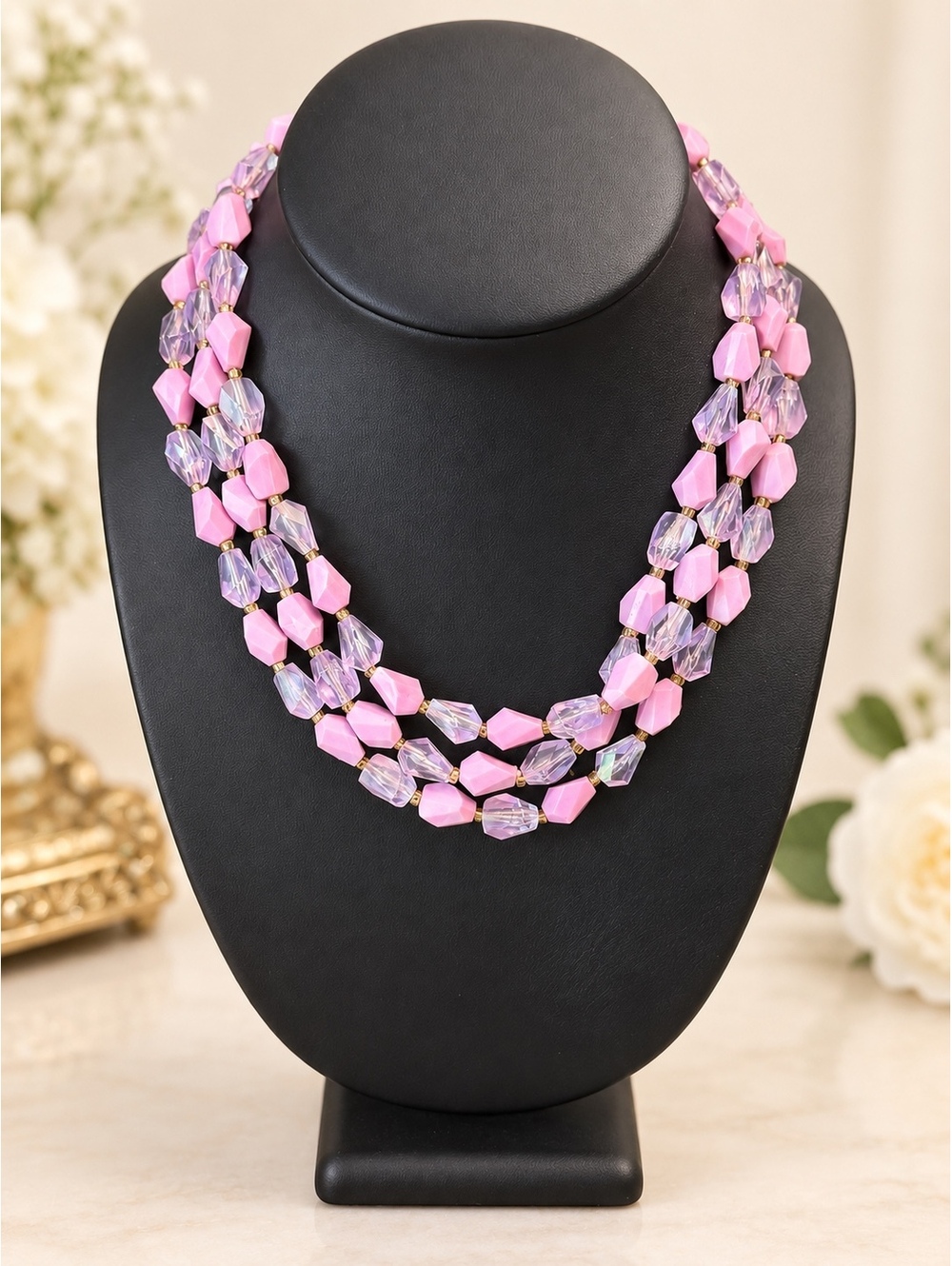 Vintage Hong Kong Pink Lavender Faceted Acrylic Bead Necklace 54” Long
